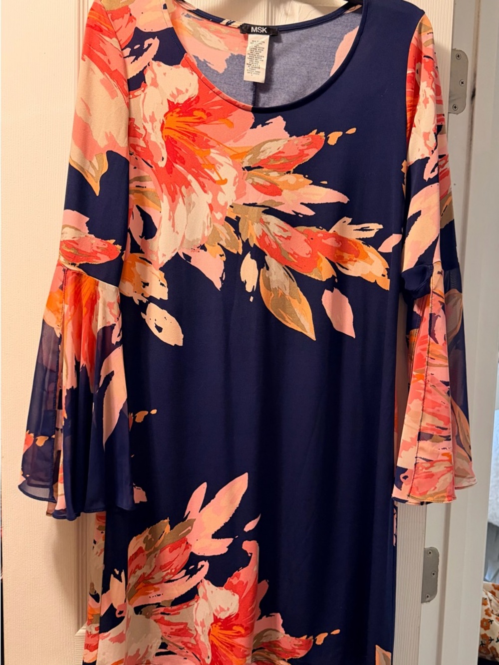 MSK Navy Floral Bell-Sleeve Shift Dress with Coral Accents